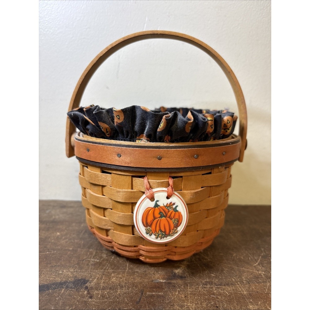 Longaberger 1997 Little Pumpkin Basket set w/stand up liner, protector & tie on
